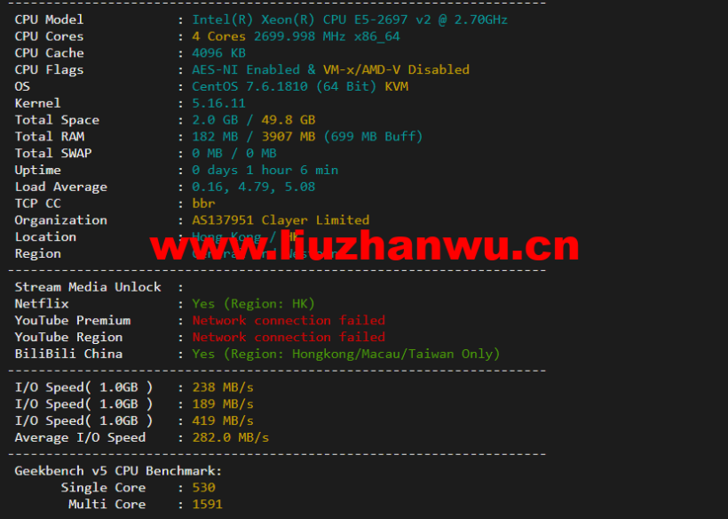无忧云:香港葵湾机房vps,三网优化,1核/1G内存/50G硬盘/5G DDOS防御,月付45元起,附简单测评 94 1648513027 配置信息