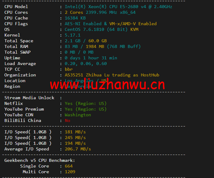 10gbiz:洛杉矶CU2 VIP云服务器(CU2 VIP)线路,简单测评 98 1650284393 配置信息