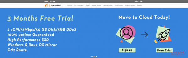 OnlineNIC:免费3个月/2核/2GB内存/50GB SSD空间/不限流量/3Mbps端口/DDOS/KVM/香港CN2-吾爱主机测评
