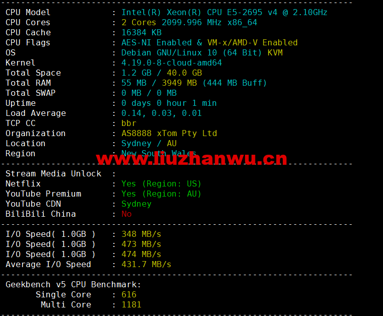 HostKvm:澳大利亚vps,联通9929线路,原生IP,六折优惠,$4.2/月起,支持windows,简单测评,解锁TikTok 52 1655214705 配置信息