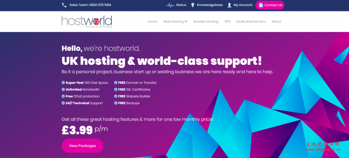 hostworld:£3.49/月/1GB内存/40GB SSD空间/不限流量/1Gbps端口/DDOS/免费备份/KVM/英国/芝加哥-吾爱主机测评