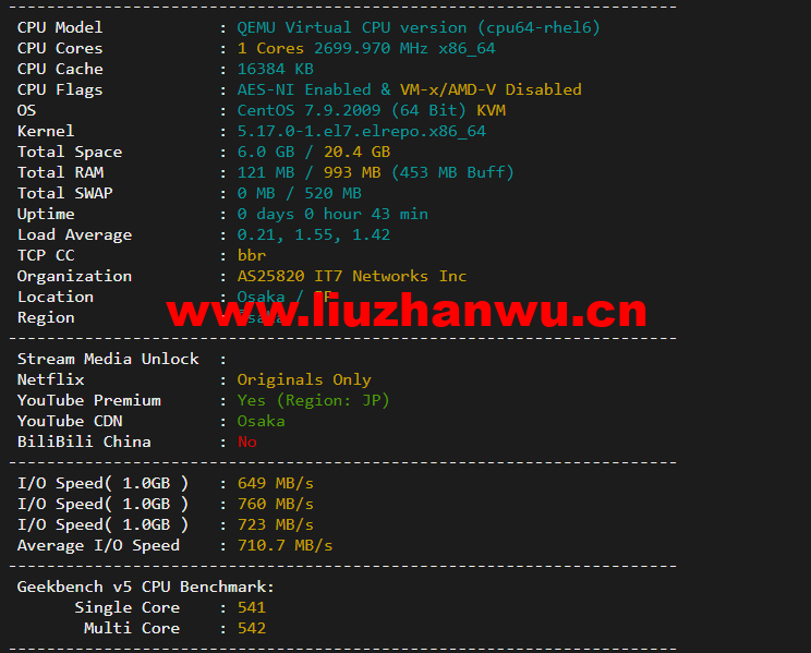 搬瓦工:日本大阪软银机房 Japan Equinix Osaka Softbank OS1 IDC(JPOS_1),简单测评 48 1649338495 配置信息