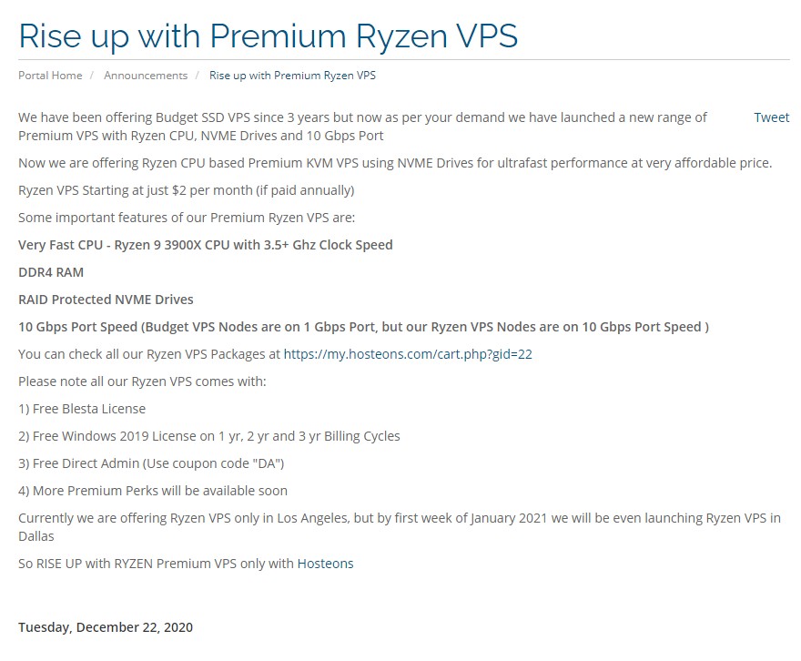 Hosteons:$24/年/Ryzen 9 3900X/512MB内存/10GB SSD空间/500GB流量/10Gbps端口/KVM/洛杉矶/达拉斯 6 20201223 5fe2b53501868