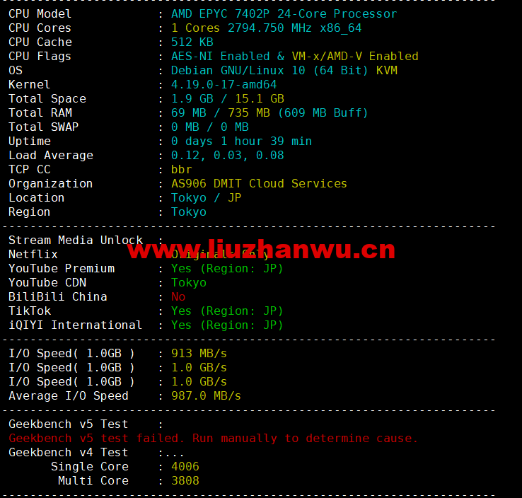 DMIT:日本CN2 GIA VPS,Premium系列,月付$19.9,原生IP,解锁tiktok、Netflix等流媒体,简单测评 50 1656249452 配置信息