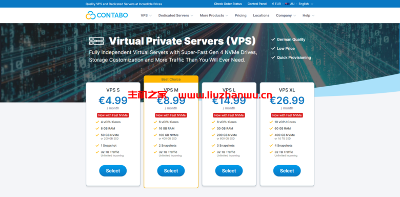 Contabo：美国、德国、新加坡等机房可选，4核8G高性价比VPS，200M-1Gbps不限流量，月付6.99美元起-吾爱主机测评