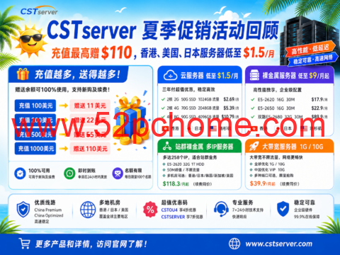 CSTserver 夏季促销活动回顾:充值最高赠 $110,香港、美国、日本服务器低至 $1.5/月-吾爱主机测评