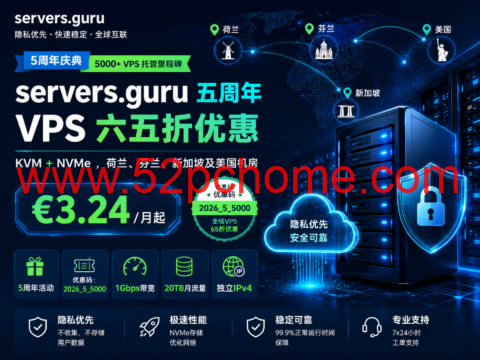 servers.guru 五周年 VPS 六五折优惠:KVM+NVMe,荷兰、芬兰、新加坡及美国机房 €3.24/月起-吾爱主机测评