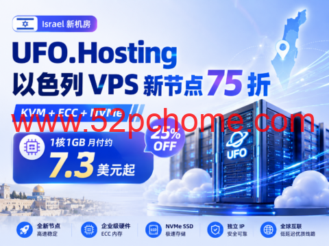 UFO.Hosting 以色列 VPS 新节点 75 折：KVM+ECC+NVMe，1核1GB月付约7.3美元起-吾爱主机测评