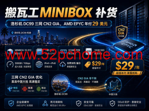 搬瓦工 MINIBOX 补货:洛杉矶 DC99 三网 CN2 GIA,AMD EPYC 年付 29 美元-吾爱主机测评