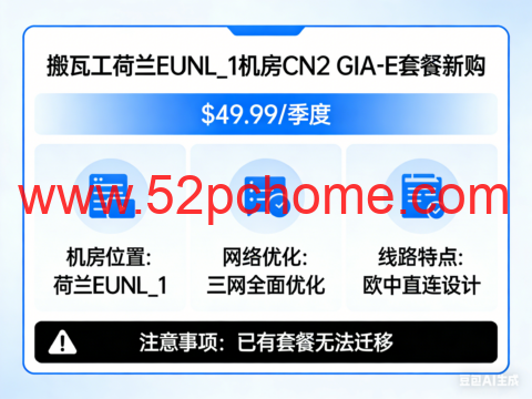 搬瓦工:荷兰EUNL_1机房开放CN2 GIA-E 套餐新购,$49.99/季度,已有套餐无法迁移,更全面的三网优化/专为欧中直连设计-吾爱主机测评