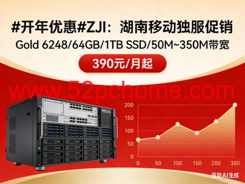 #开年优惠#ZJI：湖南移动独服促销，Gold 6248/64GB/1TB SSD/50M~350M带宽，390元/月起-吾爱主机测评