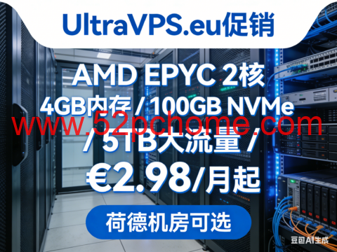 UltraVPS.eu 促销:AMD EPYC 2核 / 4GB 内存 / 100GB NVMe/5TB 大流量 €2.98 / 月起,荷德机房可选-吾爱主机测评