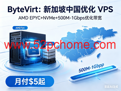 ByteVirt 新加坡中国优化 VPS：AMD EPYC+NVMe 高性能，500M-1Gbps 带宽月付 $5 起-吾爱主机测评
