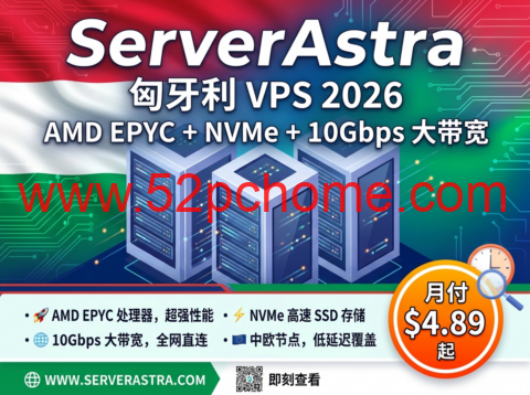 ServerAstra： 匈牙利 VPS 2026 AMD EPYC+NVMe+10Gbps 大带宽，中欧节点月付 $4.89 起-吾爱主机测评
