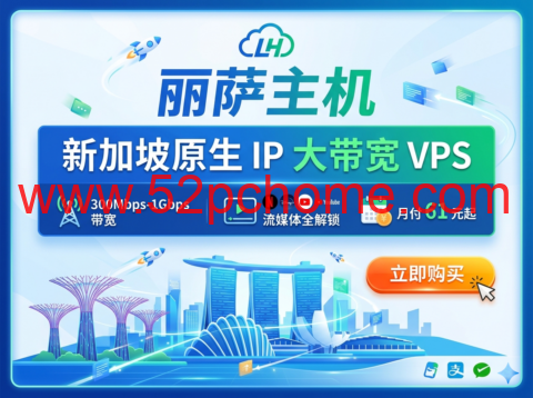 丽萨主机：新加坡原生 IP 大带宽 VPS 300Mbps-1Gbps 带宽 流媒体全解锁月付 61 元起-吾爱主机测评