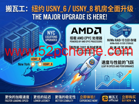 搬瓦工：纽约 USNY_6/USNY_8 机房全面升级 搭载 AMD EPYC 处理器与 NVMe RAID-10 SSD-吾爱主机测评