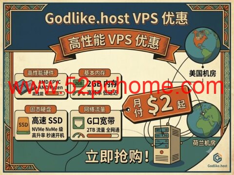 Godlike.host VPS 优惠:AMD EPYC / Ryzen 高性能 VPS,2GB 内存月付 $2 起,美国和荷兰机房可选-吾爱主机测评