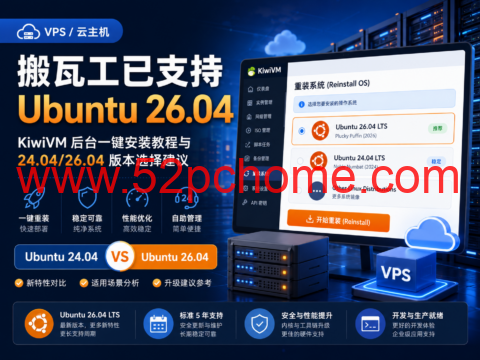 搬瓦工已支持 Ubuntu 26.04：KiwiVM 后台一键安装教程与 24.04/26.04 版本选择建议-吾爱主机测评