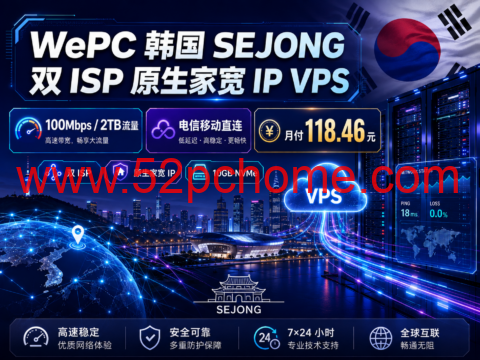 WePC 韩国 SEJONG 双 ISP 原生家宽 IP VPS:100Mbps/2TB 流量,电信移动直连,月付 118.46 元-吾爱主机测评