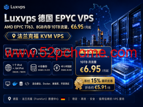 Luxvps 德国 EPYC VPS:AMD EPYC 7763、8GB内存10TB流量,€6.95/月起-吾爱主机测评
