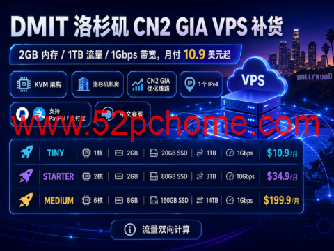 DMIT 洛杉矶 CN2 GIA VPS 补货:2GB 内存/1TB 流量/1Gbps 带宽,月付 10.9 美元起-吾爱主机测评