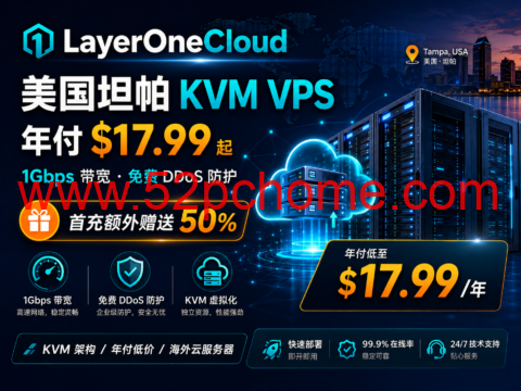 LayerOneCloud:美国坦帕 KVM VPS 年付 $17.99 起,1Gbps 带宽、免费 DDoS,首充额外赠送 50%-吾爱主机测评