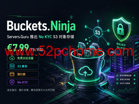 Buckets.Ninja:Servers.Guru 推出 No KYC S3 对象存储,€7.99/TB/月起、免费出站流量-吾爱主机测评