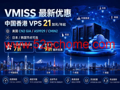 VMISS 最新优惠:香港 VPS 21 加元/年起,美国 CN2 GIA/AS9929/CMIN2、日本/韩国节点可选-吾爱主机测评