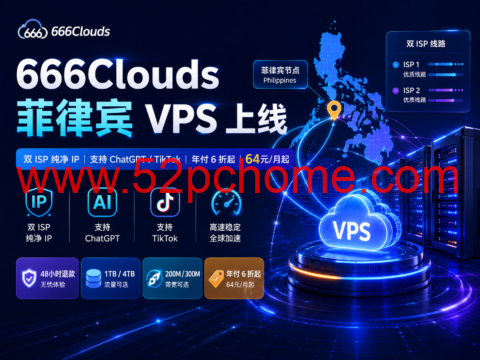 666Clouds 菲律宾 VPS 上线:双 ISP 纯净 IP,支持 ChatGPT/TikTok,年付 6 折起,64元/月-吾爱主机测评