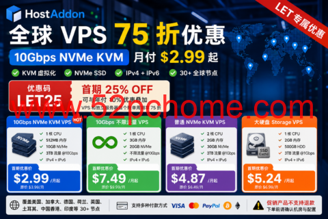 HostAddon 全球 VPS 75 折:10Gbps NVMe KVM 月付 $2.99 起,30+ 节点、大硬盘 VPS 可选-吾爱主机测评