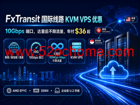 FxTransit 国际线路 KVM VPS 优惠:10Gbps 端口,达量后不限流量,年付 $36 起-吾爱主机测评
