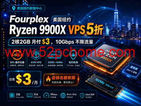 Fourplex 美国纽约 Ryzen 9900X VPS 5折:2核2GB 月付 $3,10Gbps 不限流量-吾爱主机测评