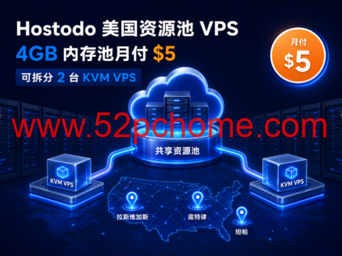 Hostodo 美国资源池 VPS:4GB 内存池月付 $5,可拆分 2 台 KVM VPS-吾爱主机测评