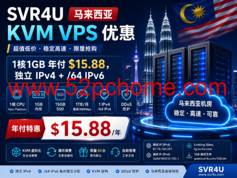 SVR4U 马来西亚 KVM VPS 优惠:1核1GB 年付 $15.88,独立 IPv4 + /64 IPv6-吾爱主机测评
