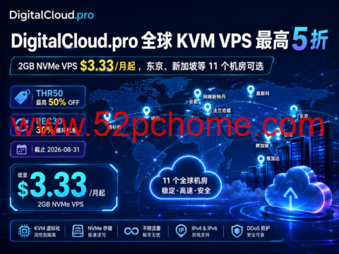 DigitalCloud.pro 全球 KVM VPS 最高 5 折:2GB NVMe $3.33/月起,东京、新加坡等 11 个机房可选-吾爱主机测评