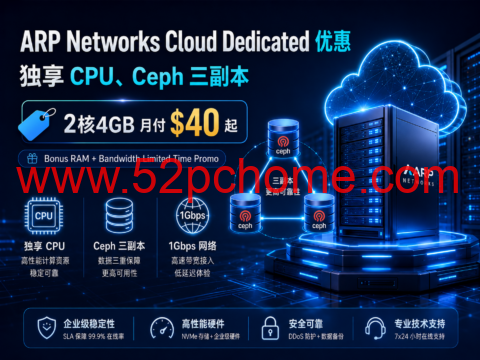 ARP Networks Cloud Dedicated 优惠：独享 CPU、Ceph 三副本，2核4GB 月付 $40 起-吾爱主机测评