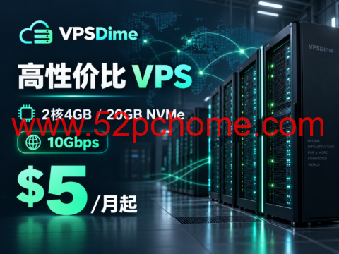 VPSDime 高性价比 VPS：2核4GB/20GB NVMe，10Gbps，$5/月起-吾爱主机测评