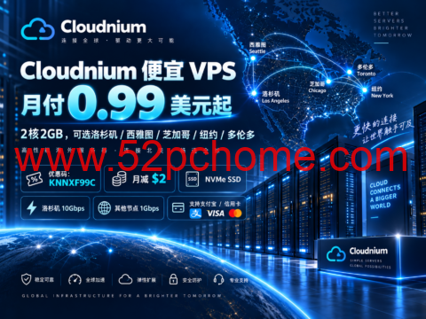 Cloudnium 便宜 VPS 月付 0.99 美元起：2核2GB，可选洛杉矶/西雅图/芝加哥/纽约/多伦多-吾爱主机测评