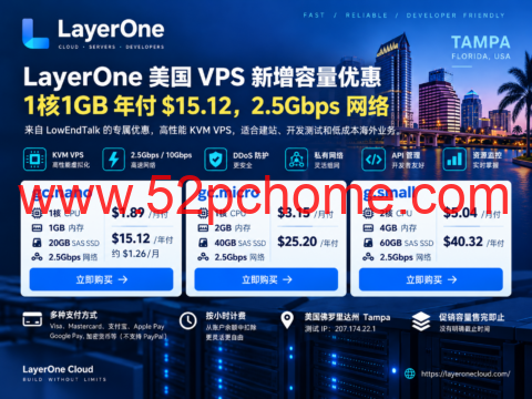 LayerOne LET VPS优惠:1核1GB/20GB SSD,2.5Gbps,年付$15.12起-吾爱主机测评