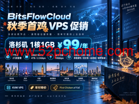 BitsFlowCloud 秋季首鸡 VPS 促销:洛杉矶1核1GB ¥99/年,7节点21款套餐-吾爱主机测评