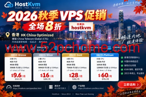 HostKvm 2026秋季VPS八折促销:香港CTG优化线路2核4GB $9.6/月起-吾爱主机测评