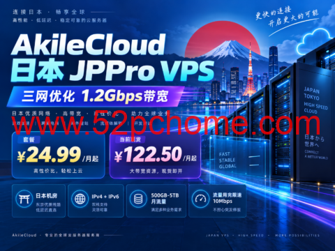 AkileCloud 日本 JPPro VPS:三网优化 1.2Gbps带宽,套餐¥24.99起,当前现货¥122.50/月起-吾爱主机测评