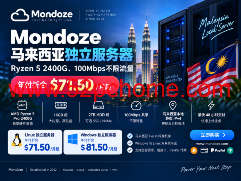 Mondoze 马来西亚独立服务器:Ryzen 5 2400G、100Mbps不限流量,年付折合$71.50/月起-吾爱主机测评