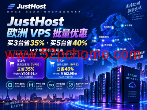 JustHost 欧洲 VPS 批量优惠:买3台省35%、买5台省40%,14个欧洲机房可选-吾爱主机测评