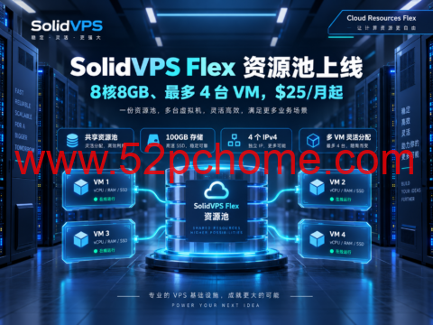 SolidVPS Flex 资源池上线:8核8GB、最多 4 台 VM,$25/月起-吾爱主机测评