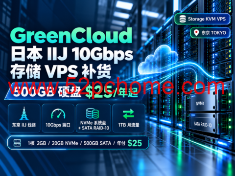 GreenCloud 日本 IIJ 10Gbps 存储 VPS 补货:500GB 硬盘 $25/年起-吾爱主机测评