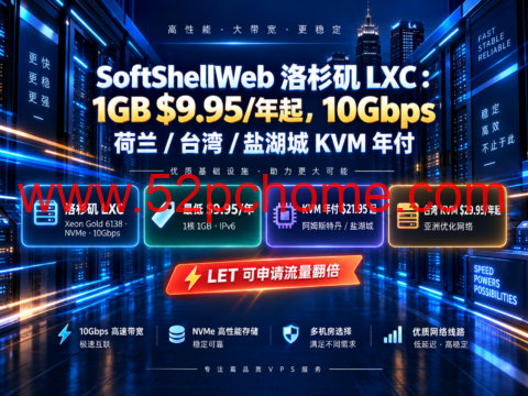 SoftShellWeb 洛杉矶 LXC:1GB $9.95/年起,10Gbps;荷兰/台湾/盐湖城 KVM 年付-吾爱主机测评