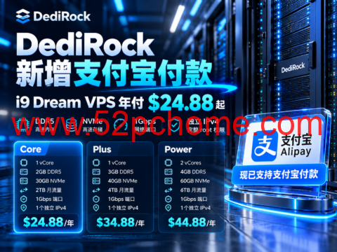 DediRock 新增支付宝付款:i9 Dream VPS 年付 $24.88 起,DDR5 + NVMe-吾爱主机测评