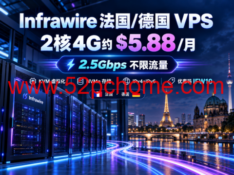 Infrawire 法国/德国 VPS:2核4G约 $5.88/月,2.5Gbps不限流量-吾爱主机测评
