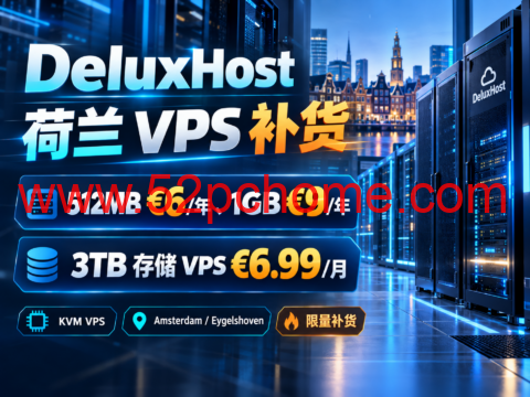 DeluxHost 荷兰 VPS 补货:512MB €6/年、1GB €9/年,3TB 存储 VPS €6.99/月-吾爱主机测评